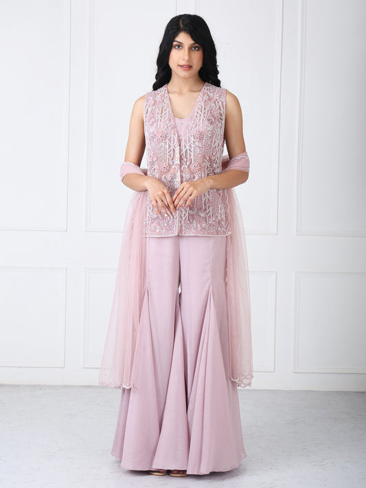 Mauve embroidered jacket with sharara with dupatta