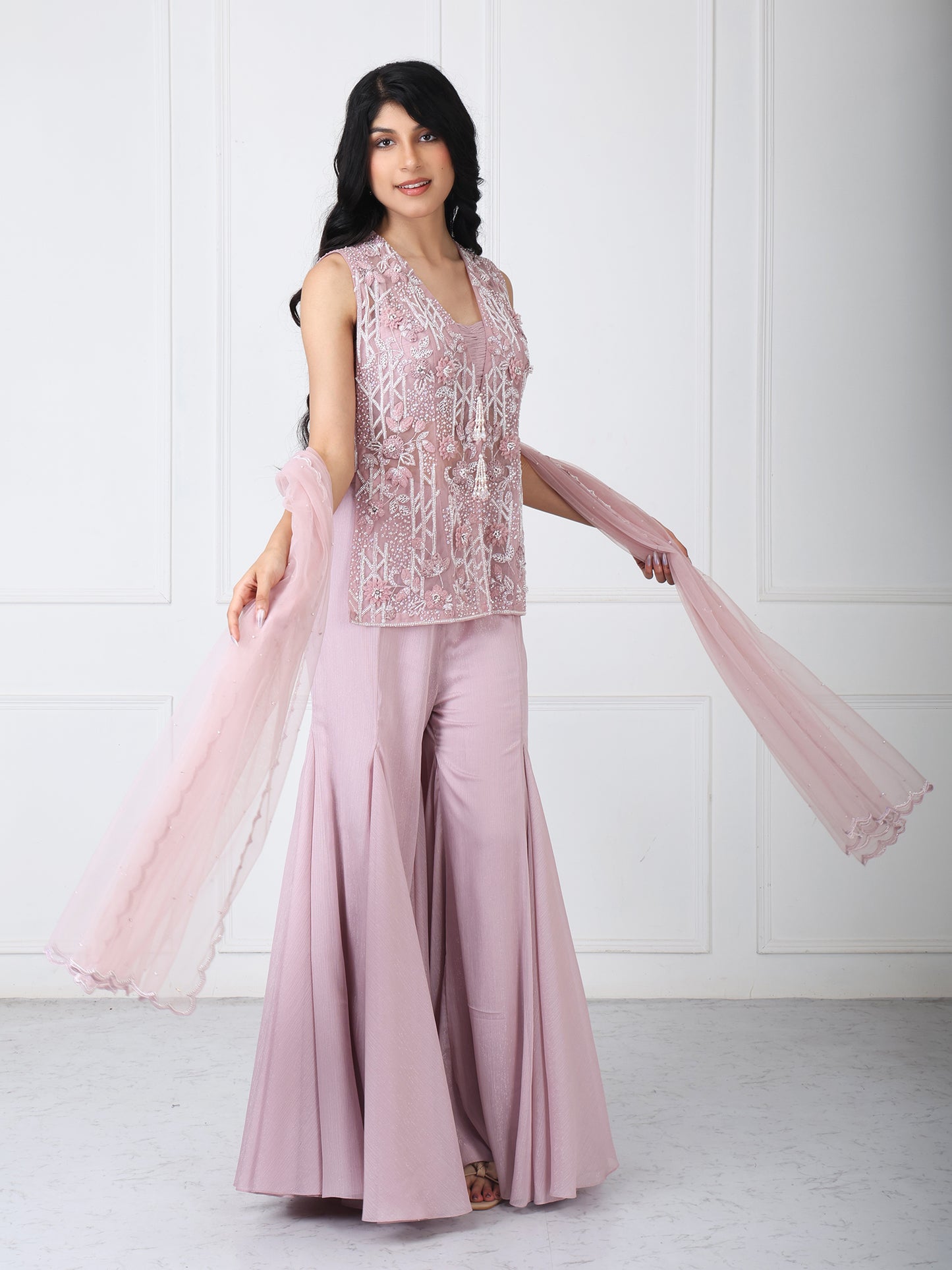 Mauve embroidered jacket with sharara with dupatta