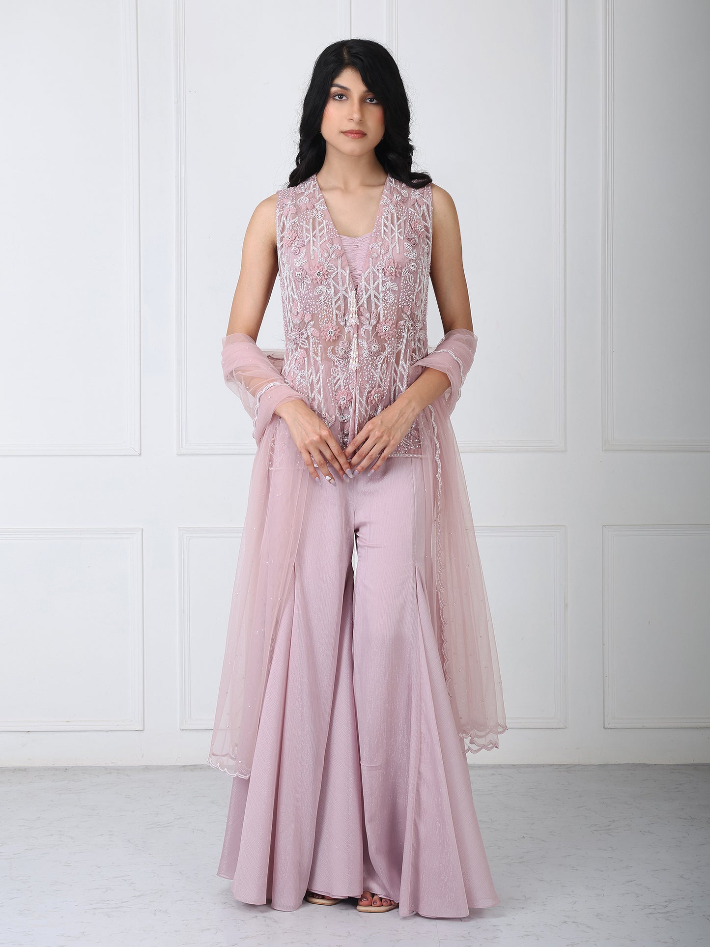 Mauve embroidered jacket with sharara with dupatta