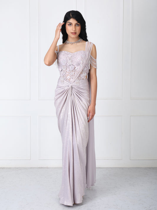 Lilac drape saree with floral embroidered corset