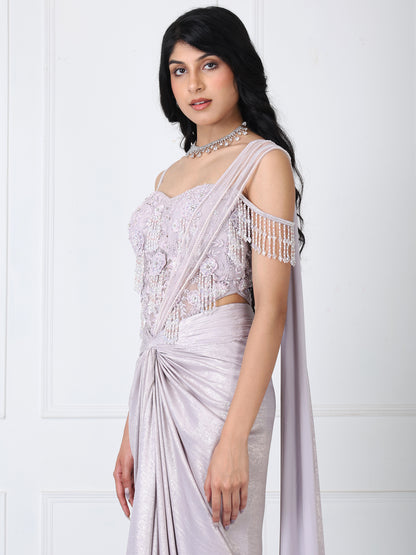 Lilac drape saree with floral embroidered corset