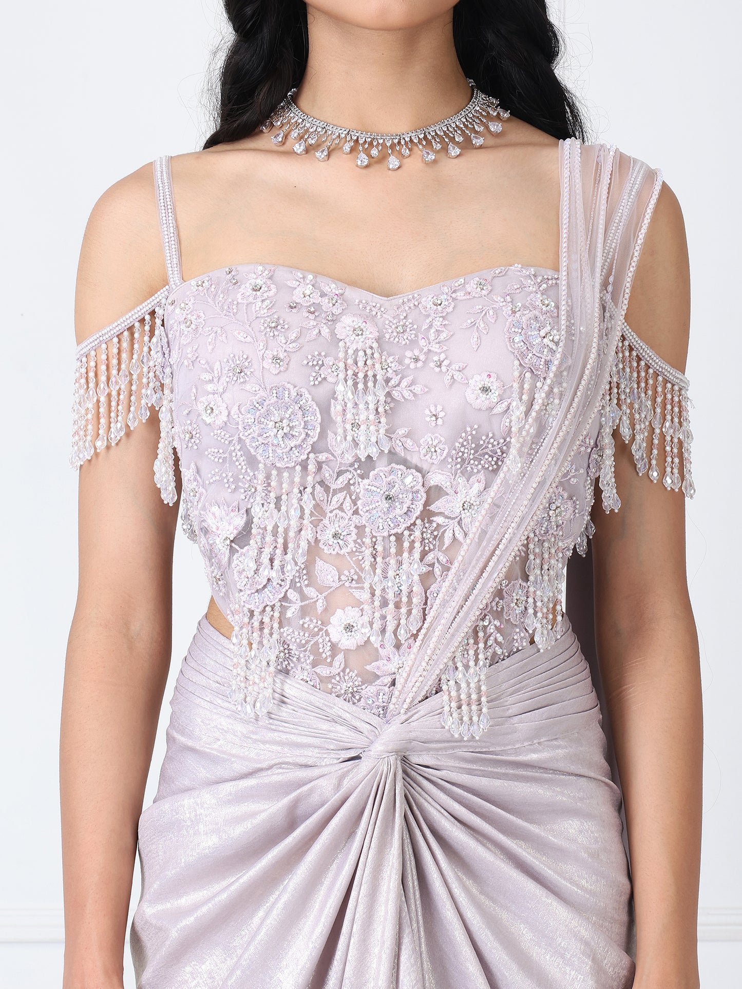 Lilac drape saree with floral embroidered corset