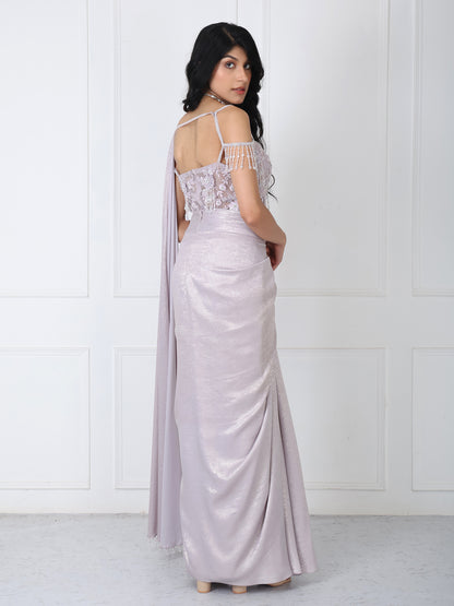 Lilac drape saree with floral embroidered corset