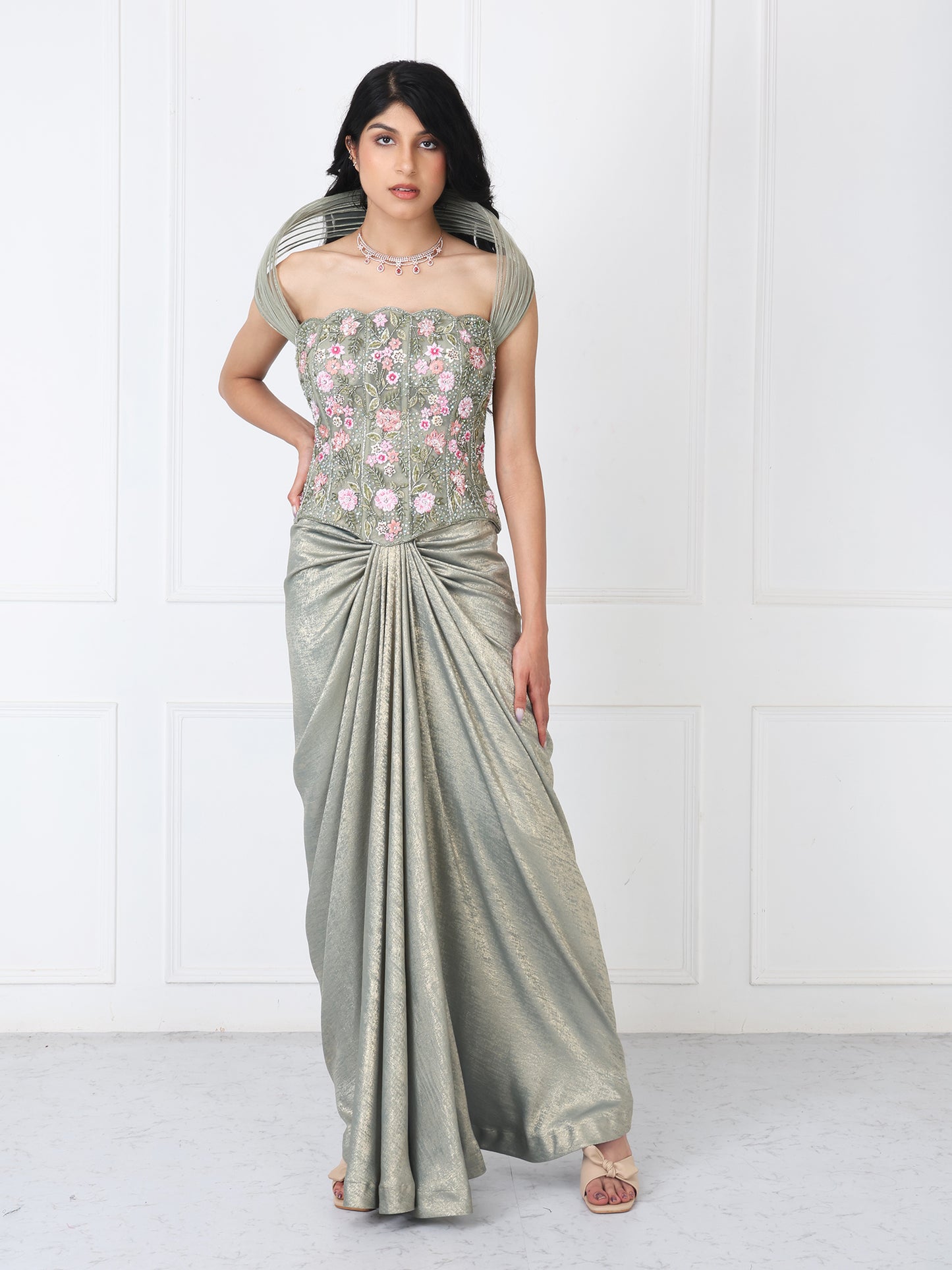 Sage green embroidered corset with drape skirt