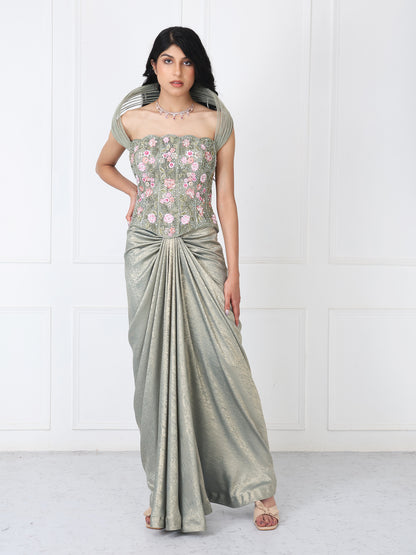 Sage green embroidered corset with drape skirt