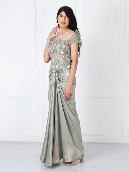 Sage green embroidered corset with drape skirt