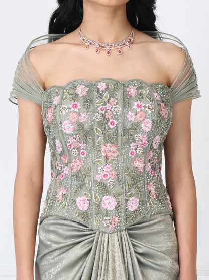 Sage green embroidered corset with drape skirt