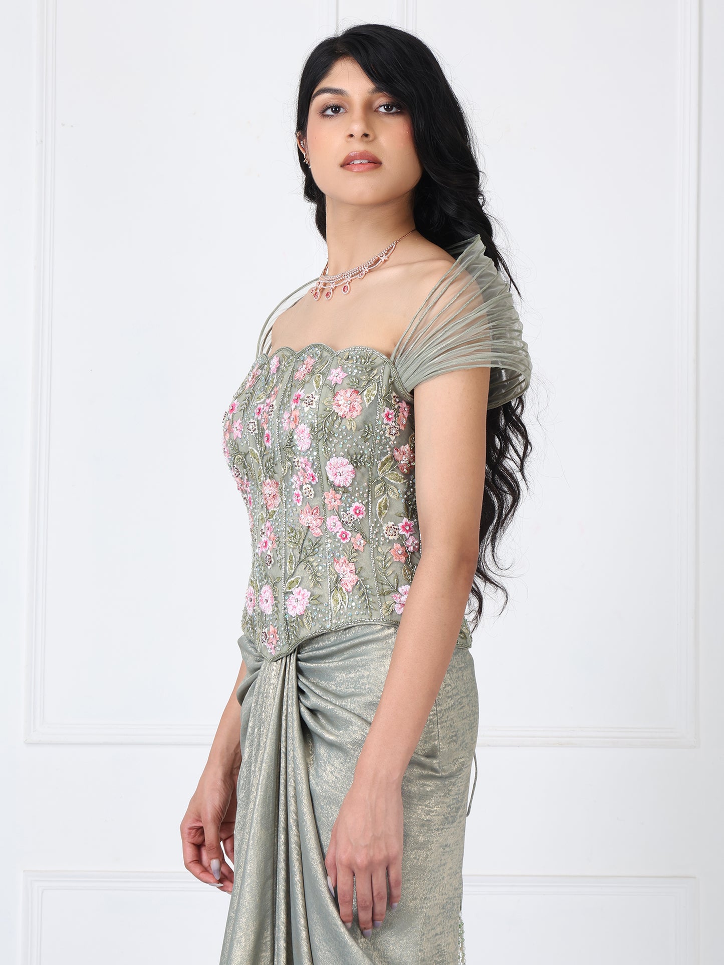 Sage green embroidered corset with drape skirt