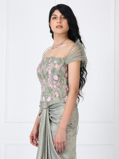 Sage green embroidered corset with drape skirt
