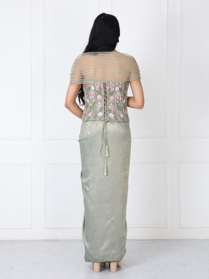 Sage green embroidered corset with drape skirt
