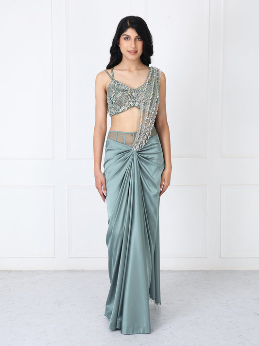 Viridian green drape saree with embroidered blouse