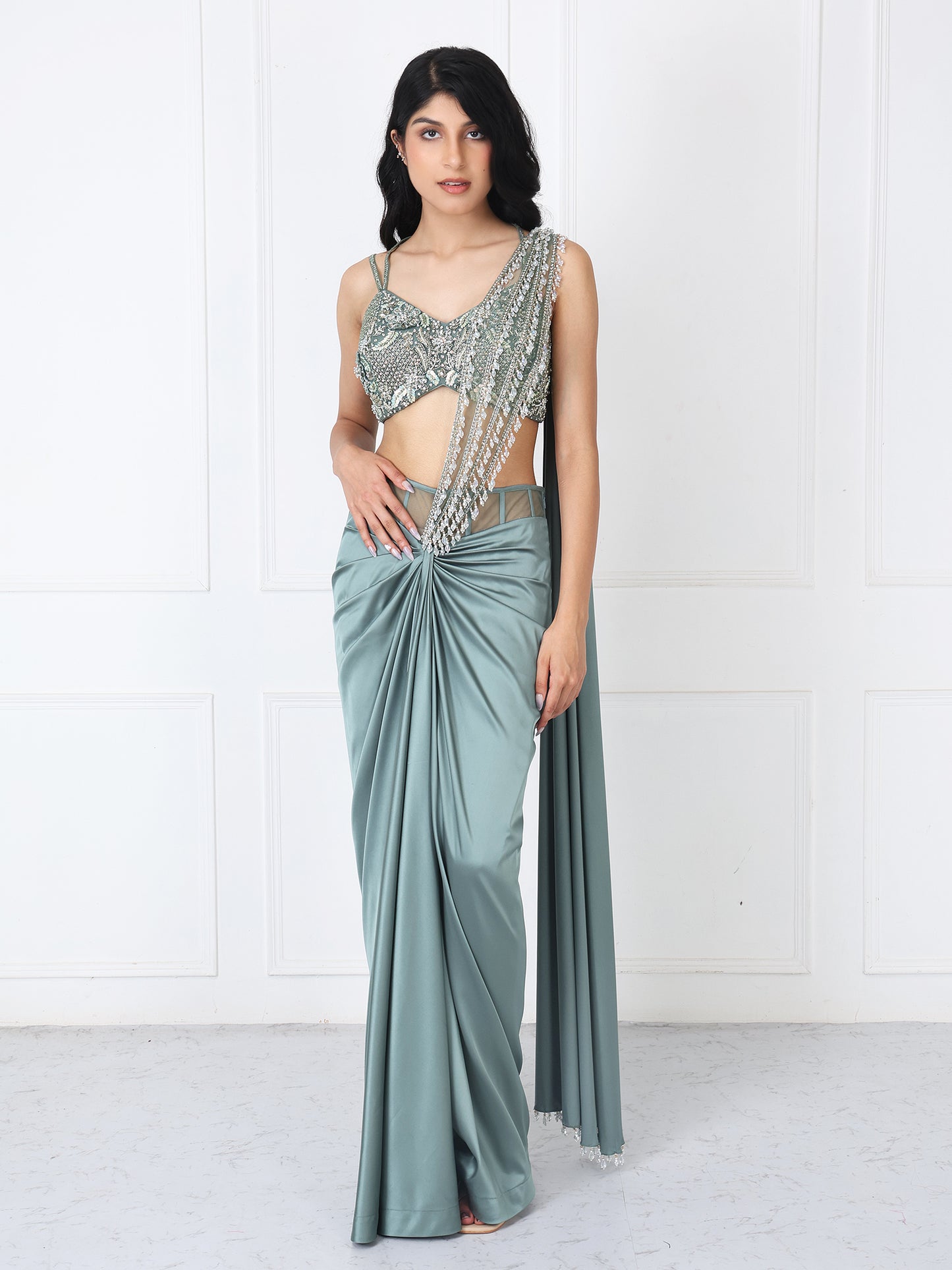 Viridian green drape saree with embroidered blouse