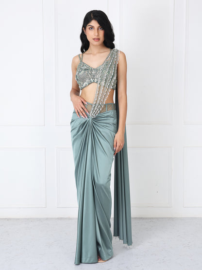 Viridian green drape saree with embroidered blouse