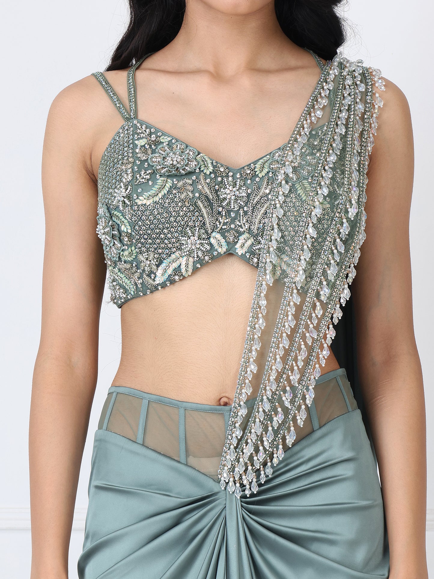 Viridian green drape saree with embroidered blouse