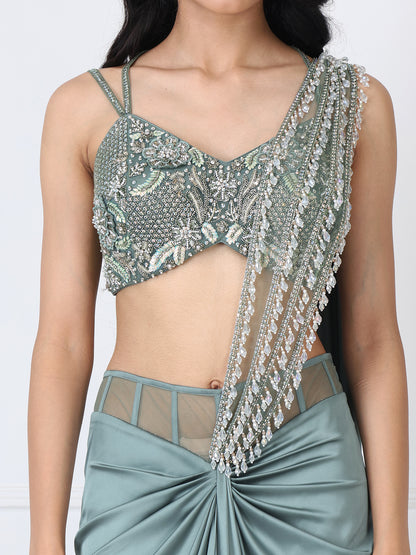 Viridian green drape saree with embroidered blouse