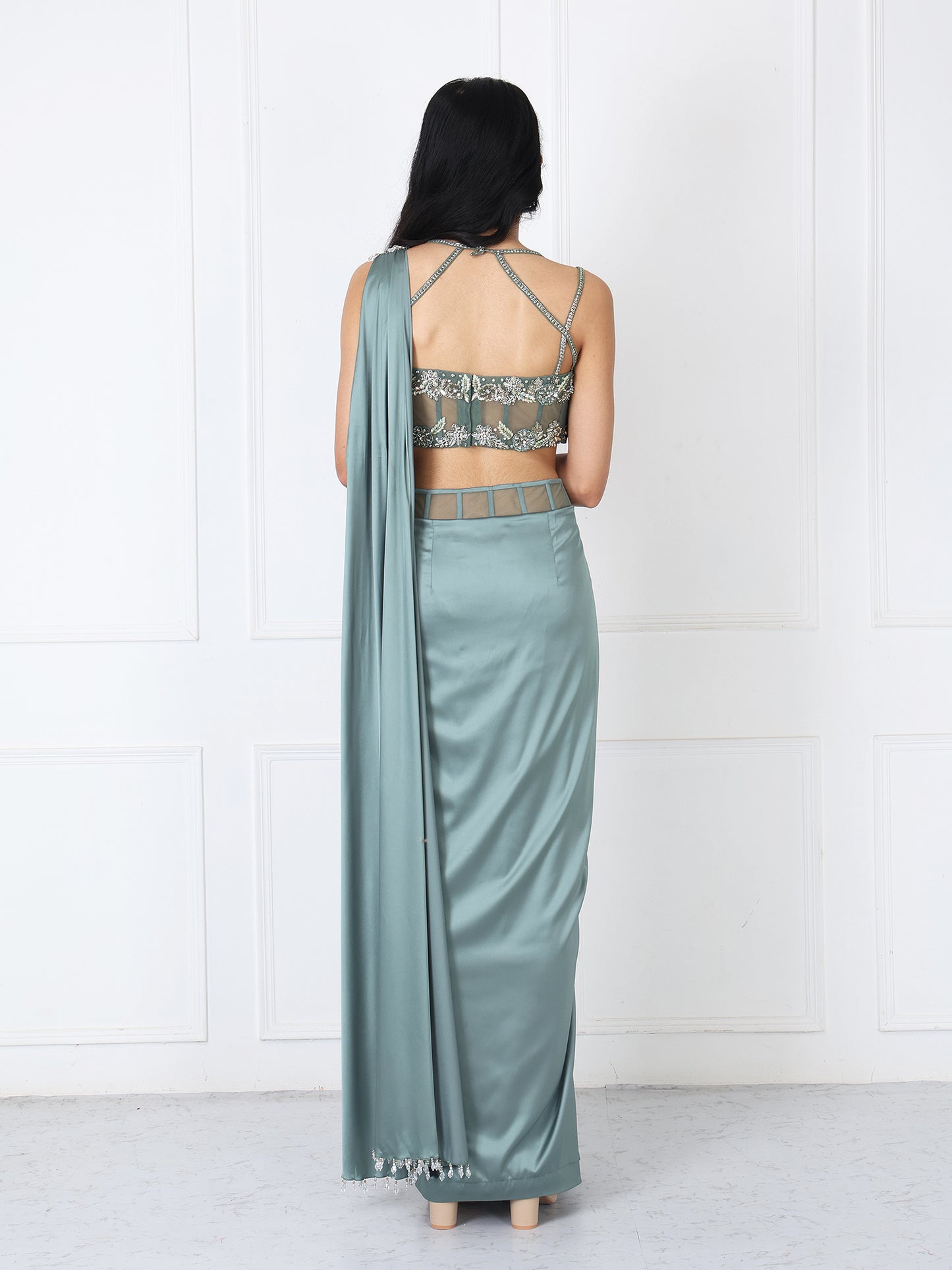 Viridian green drape saree with embroidered blouse