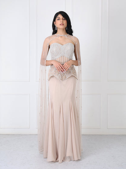 Beige embroidered corset and cape with paneled skirt