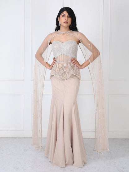 Beige embroidered corset and cape with paneled skirt