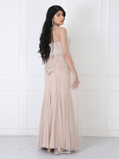 Beige embroidered corset and cape with paneled skirt