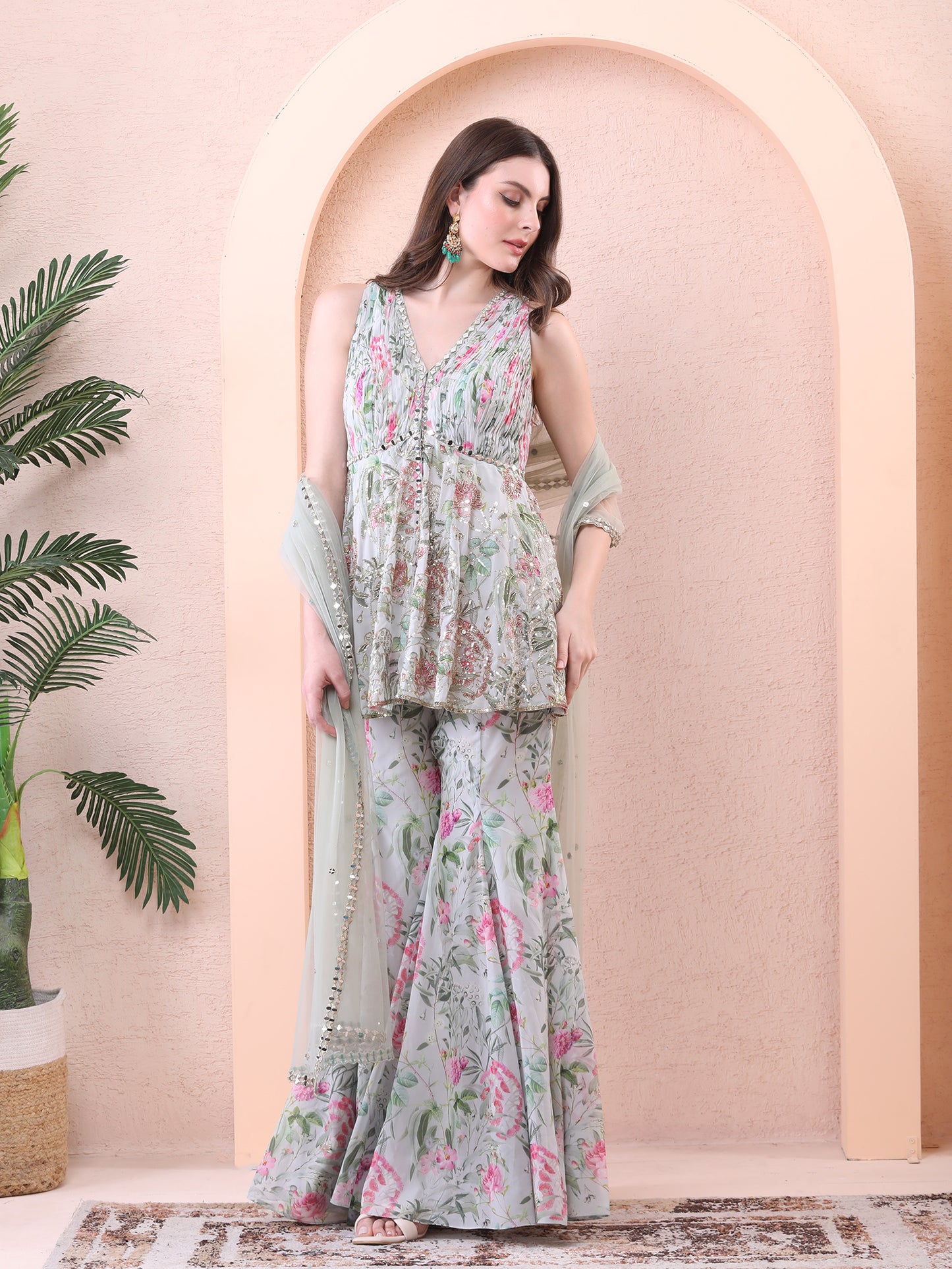 Green Georgette Floral Print Kurta Sharara Set
