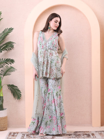 Green Georgette Floral Print Kurta Sharara Set