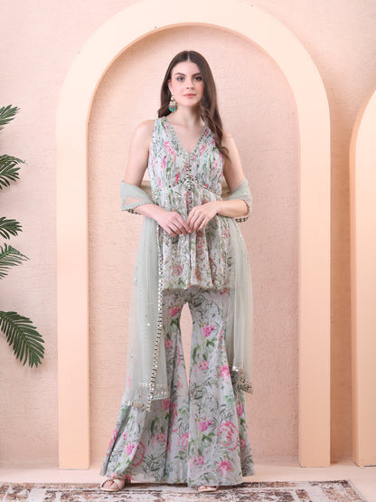 Green Georgette Floral Print Kurta Sharara Set