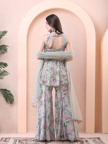 Green Georgette Floral Print Kurta Sharara Set