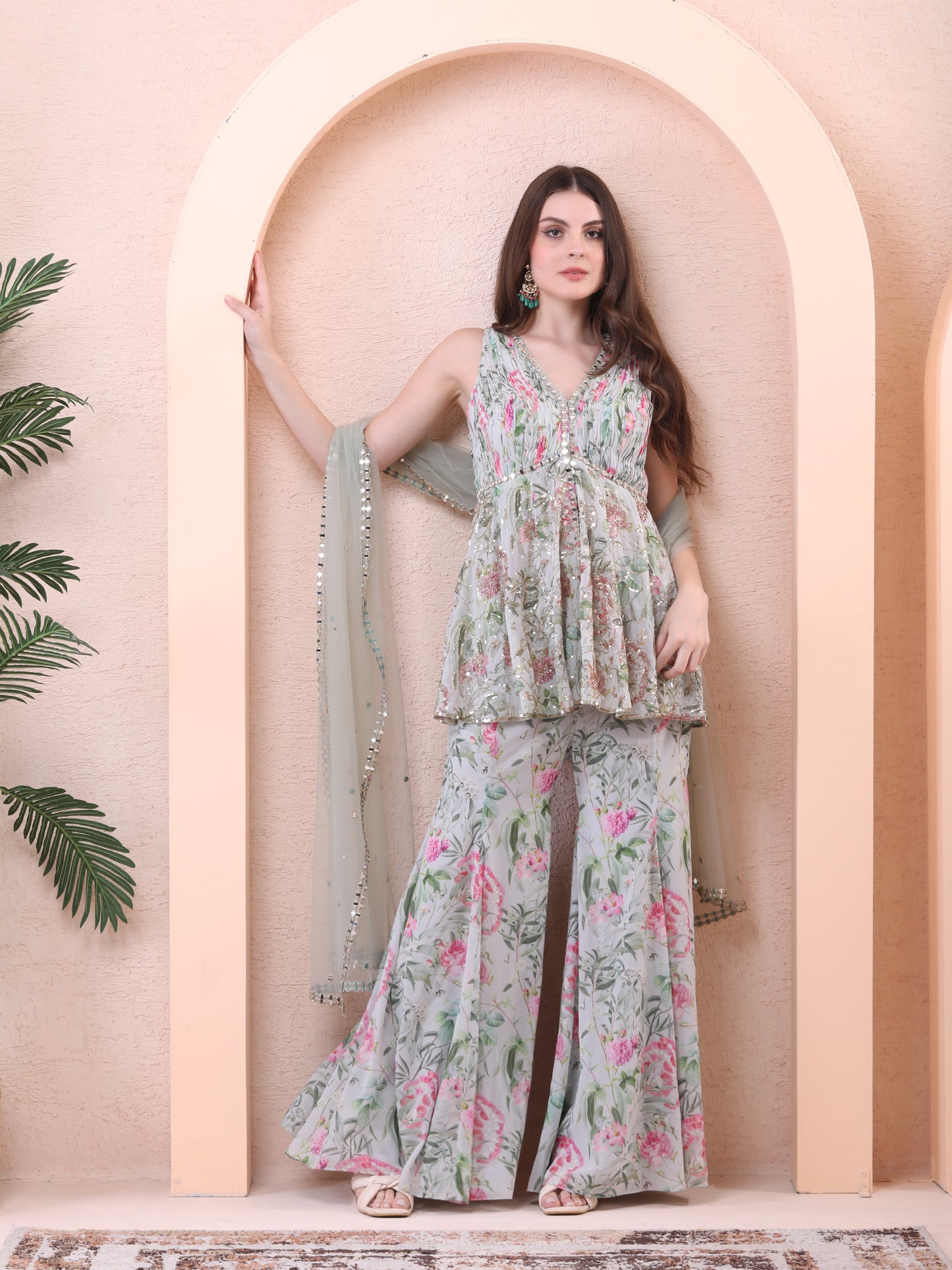 Green Georgette Floral Print Kurta Sharara Set