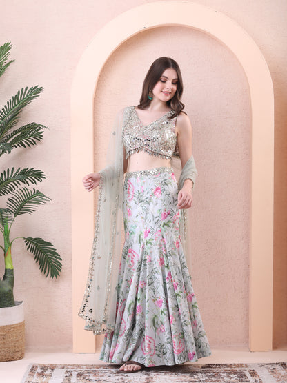 Green Georgette Panelled Floral Print Lehenga Set