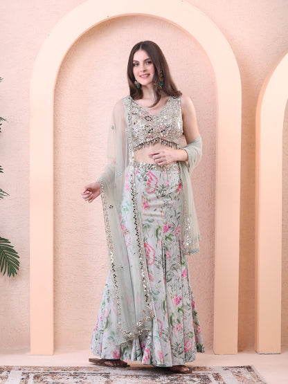 Green Georgette Panelled Floral Print Lehenga Set
