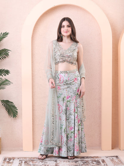 Green Georgette Panelled Floral Print Lehenga Set