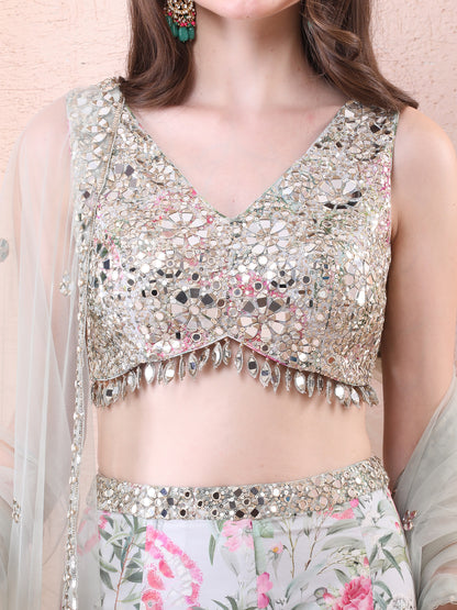 Green Georgette Panelled Floral Print Lehenga Set