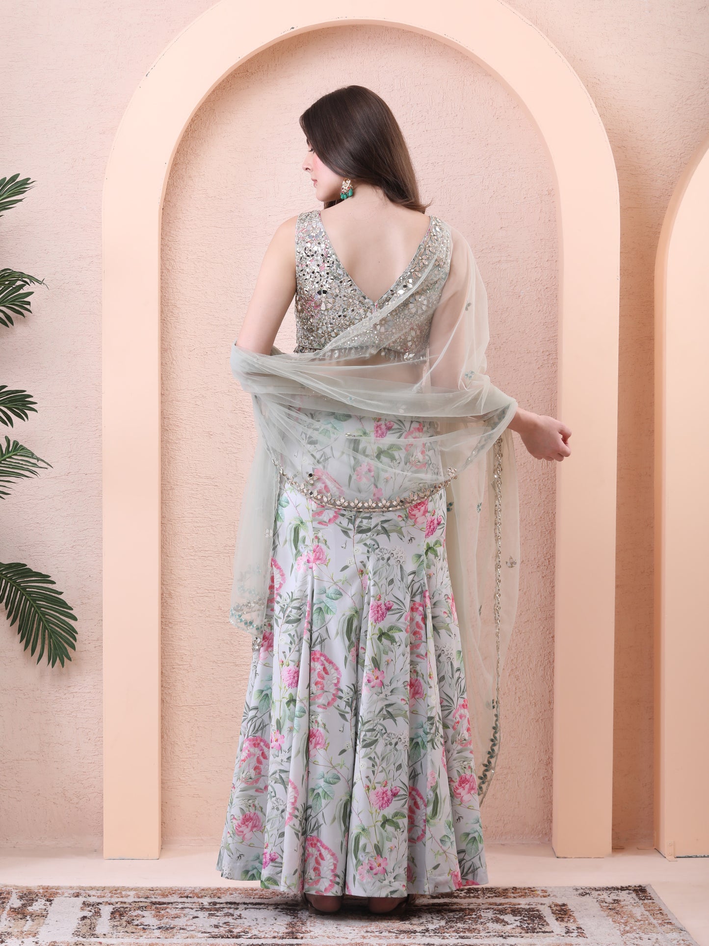 Green Georgette Panelled Floral Print Lehenga Set