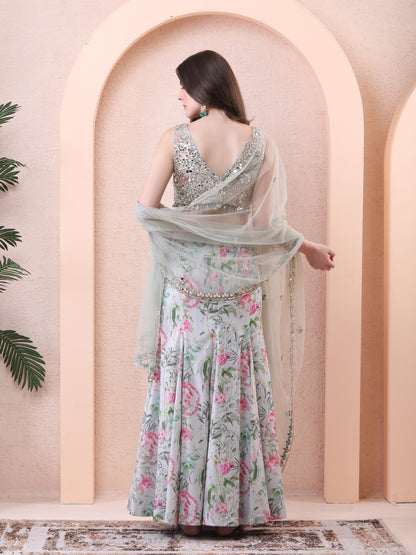 Green Georgette Panelled Floral Print Lehenga Set