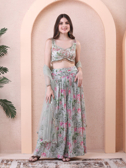 Green Georgette Mirrors Floral Blouse Skirt Set
