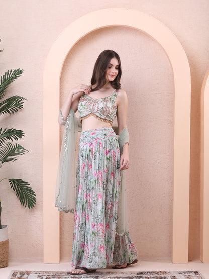 Green Georgette Mirrors Floral Blouse Skirt Set