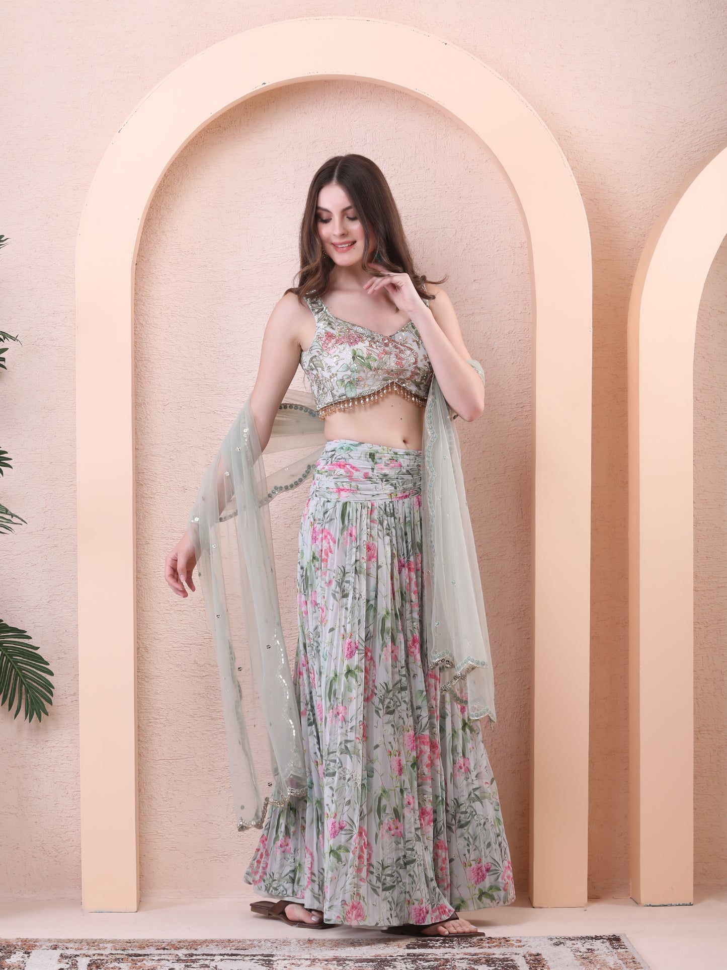 Green Georgette Mirrors Floral Blouse Skirt Set