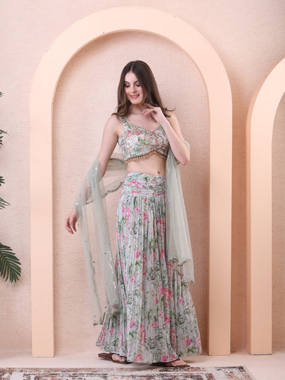 Green Georgette Mirrors Floral Blouse Skirt Set