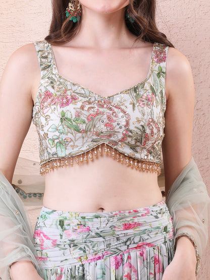 Green Georgette Mirrors Floral Blouse Skirt Set