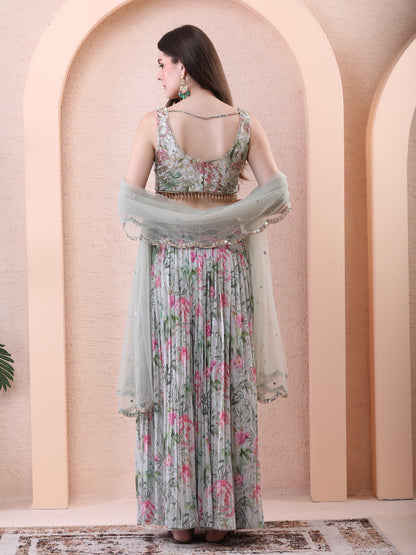Green Georgette Mirrors Floral Blouse Skirt Set