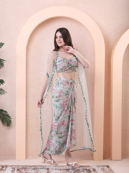 Green Georgette Floral Print Cape Draped Skirt Set