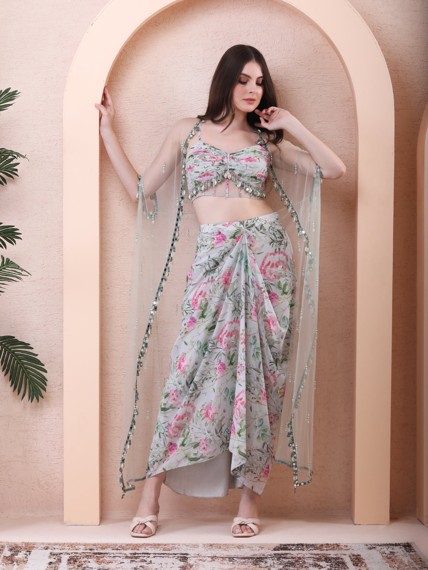 Green Georgette Floral Print Cape Draped Skirt Set