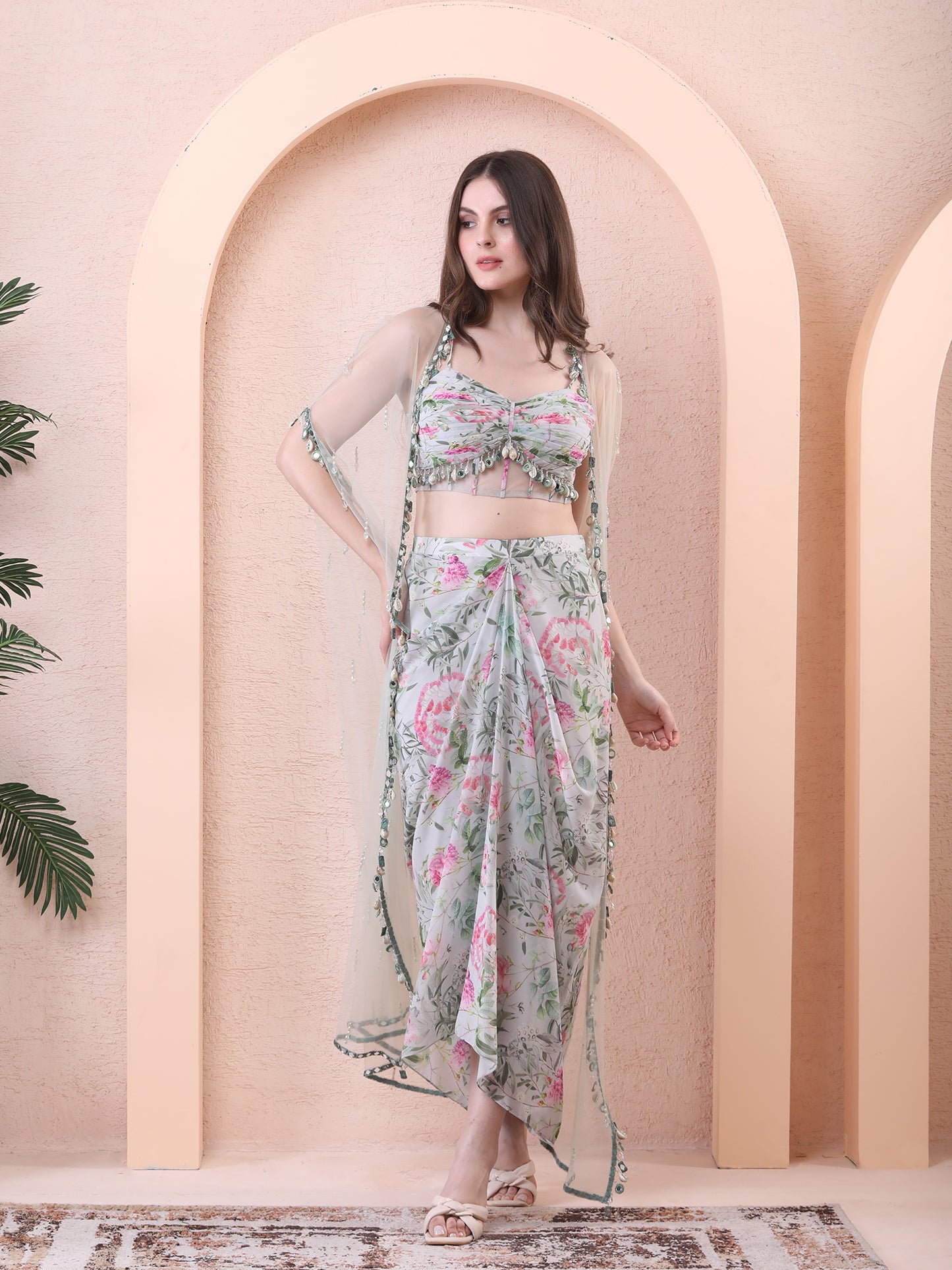 Green Georgette Floral Print Cape Draped Skirt Set