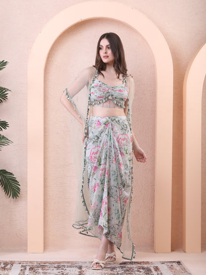Green Georgette Floral Print Cape Draped Skirt Set