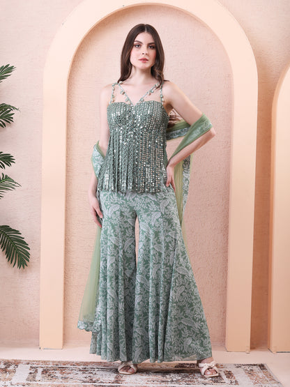 Green Georgette Bodysuit Sharara Set