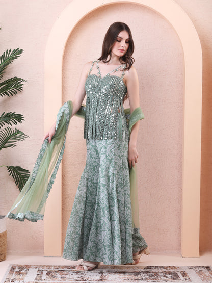 Green Georgette Bodysuit Sharara Set