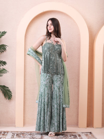 Green Georgette Bodysuit Sharara Set