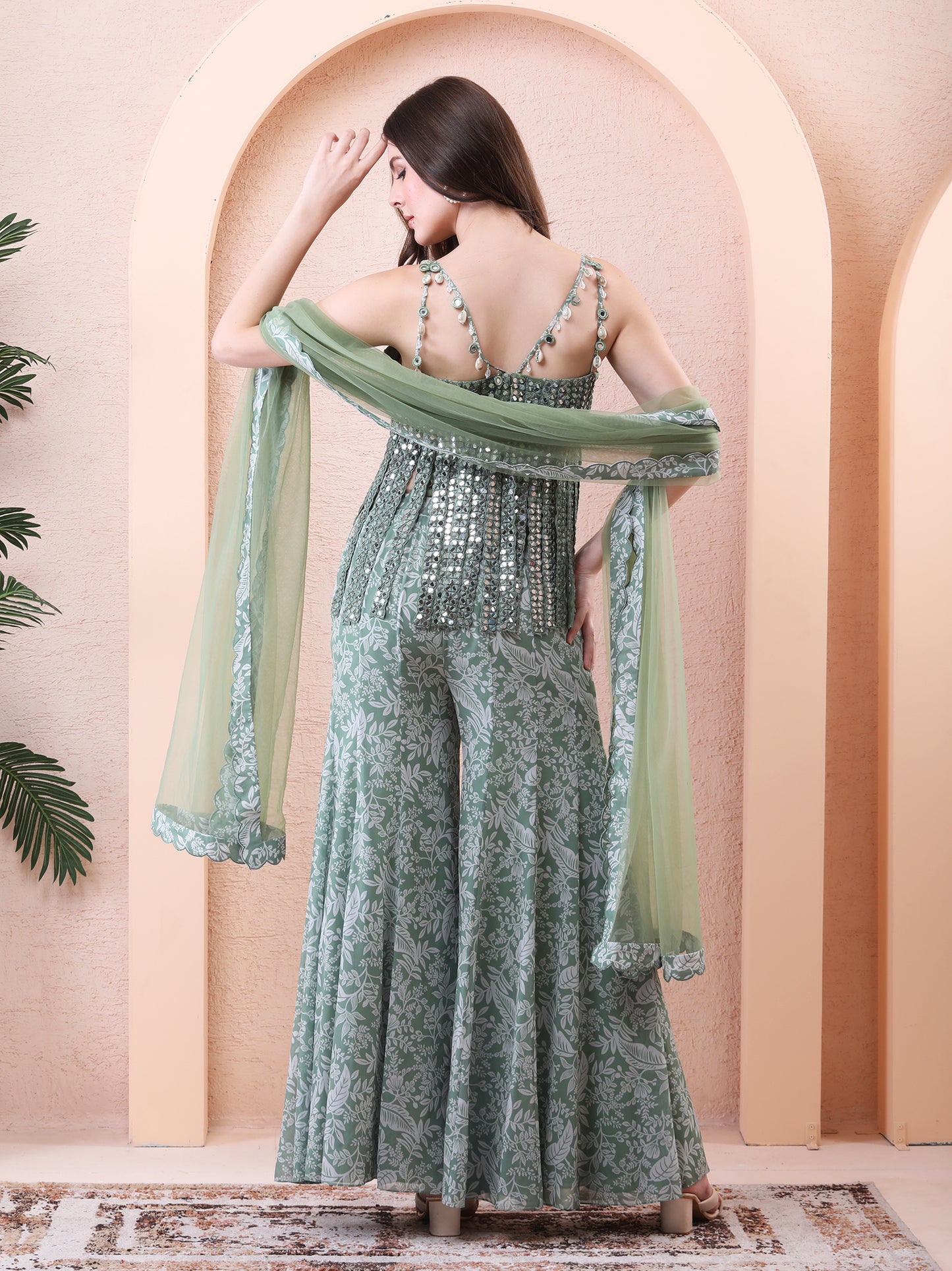 Green Georgette Bodysuit Sharara Set