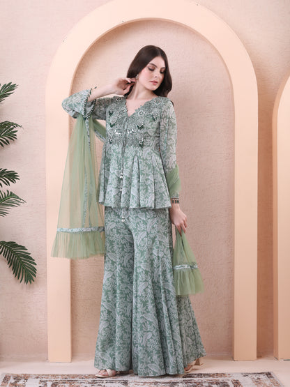 Green Georgette Printed Peplum Anarkali Sharara Set