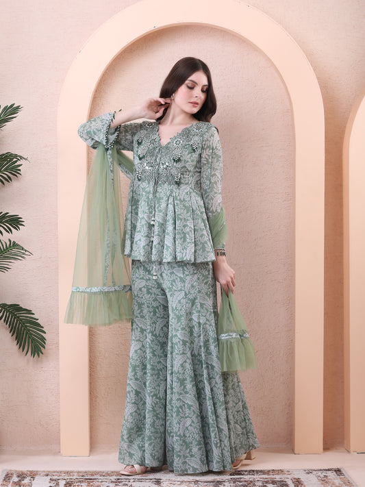 Green Georgette Printed Peplum Anarkali Sharara Set